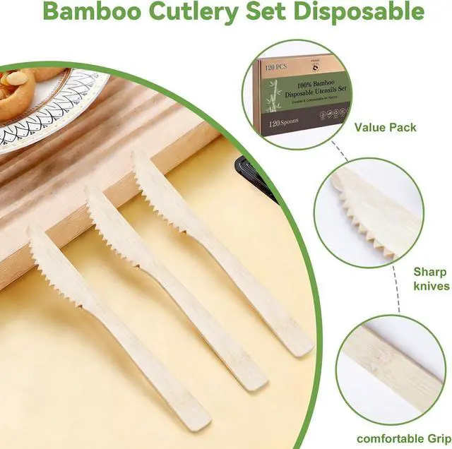 Alt view image 3 of 7 - 100% Compostable Bamboo Knives, 120 Pack Large Disposable Dinner Knives, Heat Resistant Sturdy Utensils for Party, Wedding and Catering