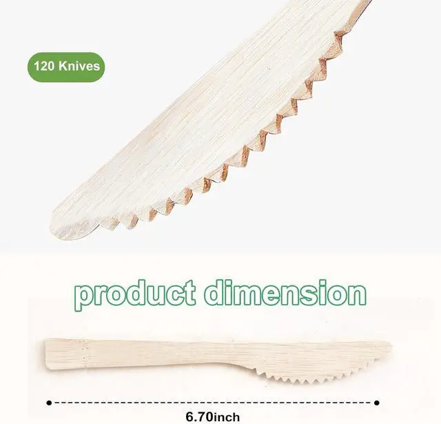 Alt view image 2 of 7 - 100% Compostable Bamboo Knives, 120 Pack Large Disposable Dinner Knives, Heat Resistant Sturdy Utensils for Party, Wedding and Catering