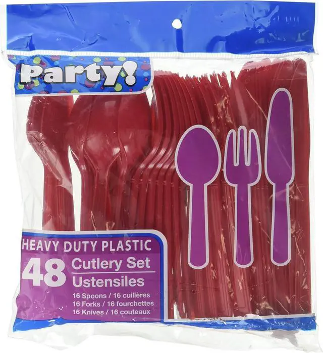 Main image of Red Assorted Disposable Cutlery, 48 Piece Set, 16 Spoons, 16 Forks, 16 Knives