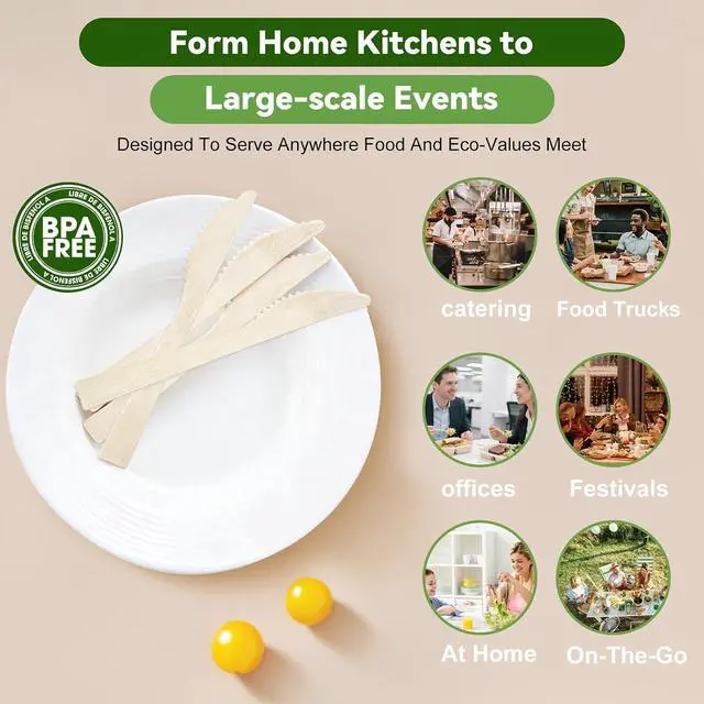 Alt view image 4 of 7 - 100% Compostable Bamboo Knives, 120 Pack Large Disposable Dinner Knives, Heat Resistant Sturdy Utensils for Party, Wedding and Catering