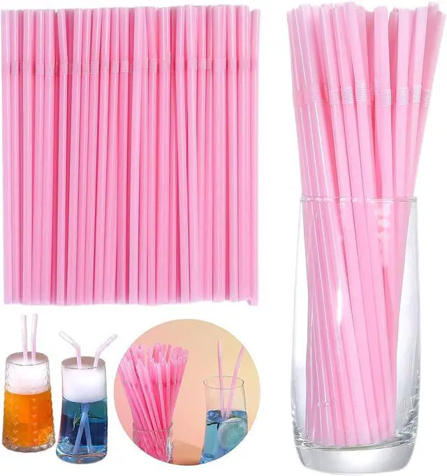 Alt view image 3 of 7 - YAOSHENG 200pcs 8.26" x 0.2"Solid Colors Flexible Drinking Pink Straws, Plastic Disposable Bendy Straws (Pink)