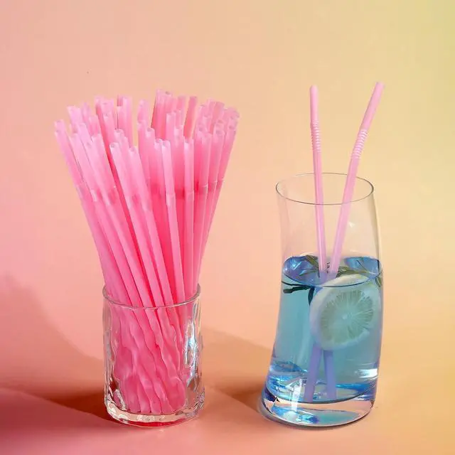 Alt view image 7 of 7 - YAOSHENG 200pcs 8.26" x 0.2"Solid Colors Flexible Drinking Pink Straws, Plastic Disposable Bendy Straws (Pink)