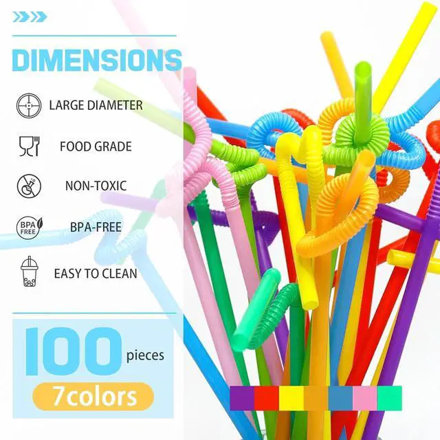 Alt view image 3 of 6 - 100 PCS Colorful Plastic Disposable Bendable Drinking 12.8inch Long Straws for Home Use Milk Juice Drinks Party Decorations