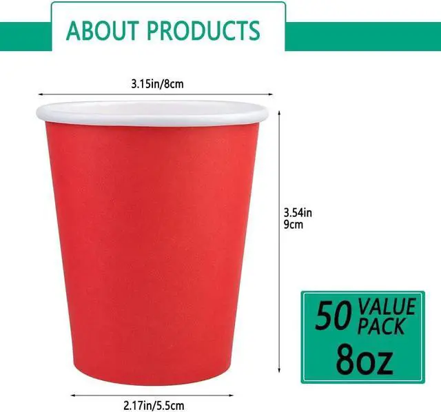 Alt view image 2 of 7 - 50 Pack 8oz Red Paper Cups Disposable Paper Coffee Cups