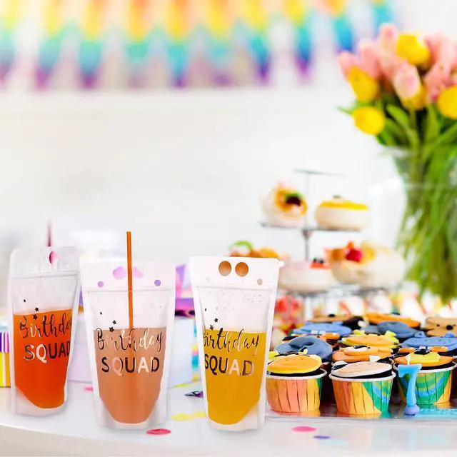 Alt view image 4 of 7 - Patelai 20 Pieces Birthday Juice Pouches for Adults with Straws Heavy Duty Hand-held Translucent Reclosable Zipper Smoothie Pouches Stand-up Plastic Bags for Birthday Party Supplies