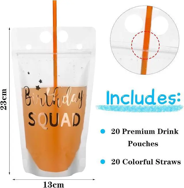 Alt view image 7 of 7 - Patelai 20 Pieces Birthday Juice Pouches for Adults with Straws Heavy Duty Hand-held Translucent Reclosable Zipper Smoothie Pouches Stand-up Plastic Bags for Birthday Party Supplies