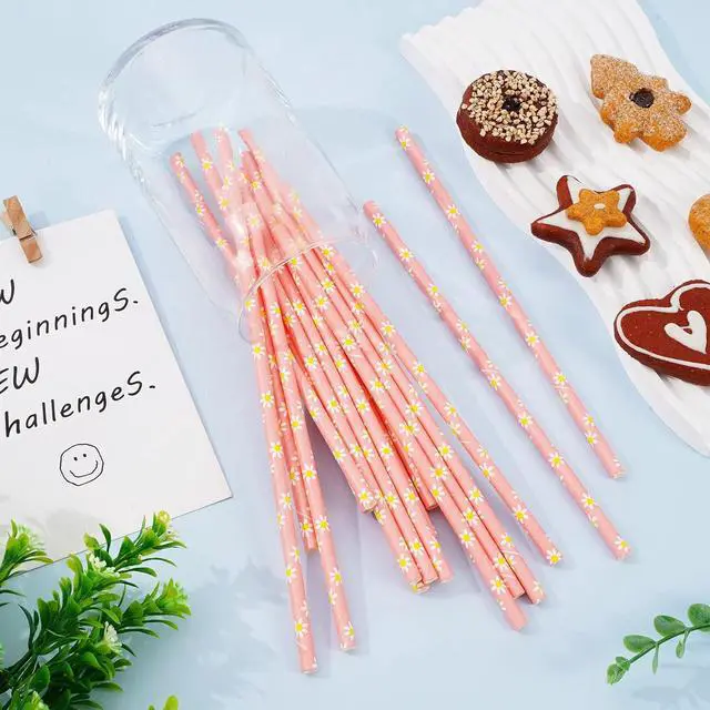 Alt view image 3 of 7 - Whaline 100Pcs Daisy Paper Straws Pink Flower Disposable Drinking Straws Groovy Floral Decorative Straw for Spring Summer Birthday Baby Shower Party Supplies Juices Shakes Cocktail Decoration
