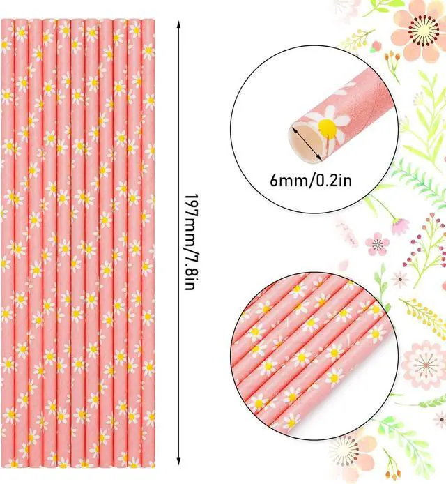 Alt view image 2 of 7 - Whaline 100Pcs Daisy Paper Straws Pink Flower Disposable Drinking Straws Groovy Floral Decorative Straw for Spring Summer Birthday Baby Shower Party Supplies Juices Shakes Cocktail Decoration