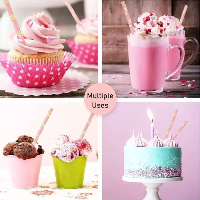 Alt view image 4 of 7 - Whaline 100Pcs Daisy Paper Straws Pink Flower Disposable Drinking Straws Groovy Floral Decorative Straw for Spring Summer Birthday Baby Shower Party Supplies Juices Shakes Cocktail Decoration