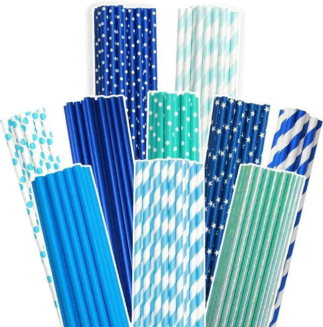 Main image of Blue Paper Straws 150pcs Disposable Bulk(10 Pattern) qiqee