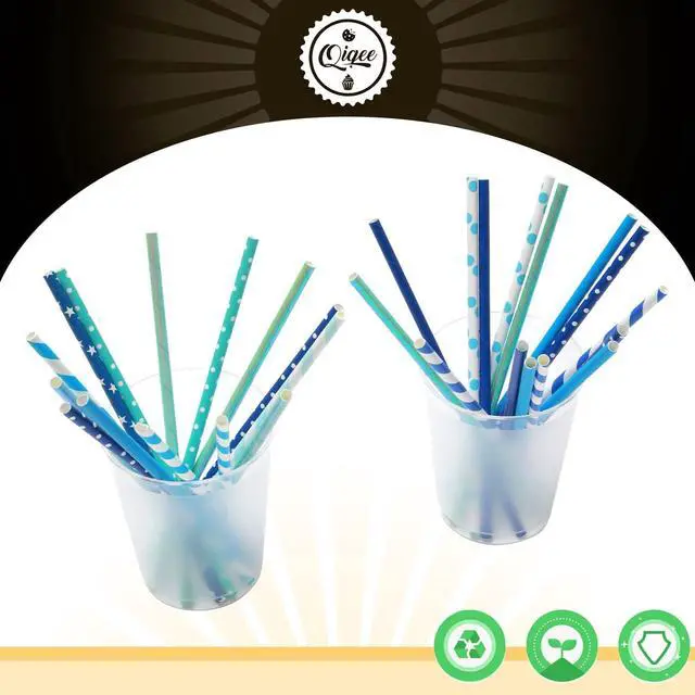 Alt view image 3 of 7 - Blue Paper Straws 150pcs Disposable Bulk(10 Pattern) qiqee