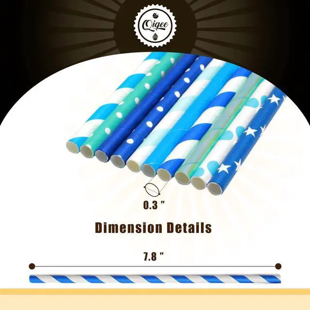 Alt view image 5 of 7 - Blue Paper Straws 150pcs Disposable Bulk(10 Pattern) qiqee