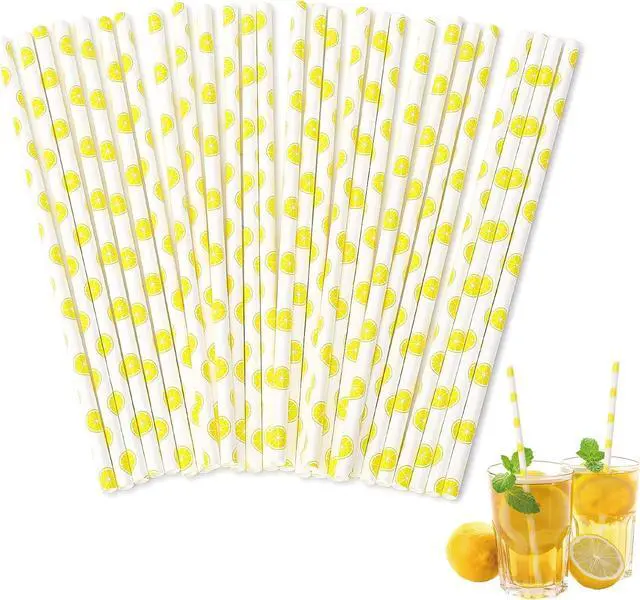 Main image of Mozeat Lens 100 Pcs Paper Straws, Disposable Lemon Party Striped Decorative Paper Straws, Sturdy Eco-friendly, 19.7 cm x 0.6 cm, Light Purple, 100 Count