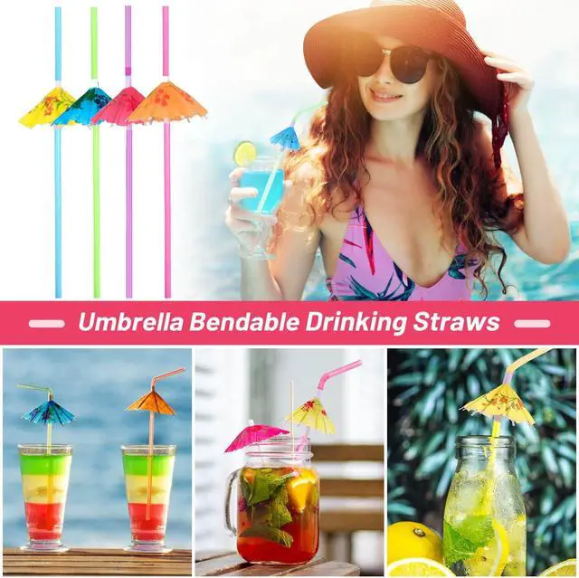 Alt view image 2 of 7 - Paxcoo 50pc Umbrella Straws for Cocktails, Tropical Hawaiian Luau Party Decorations (Assorted Colors)