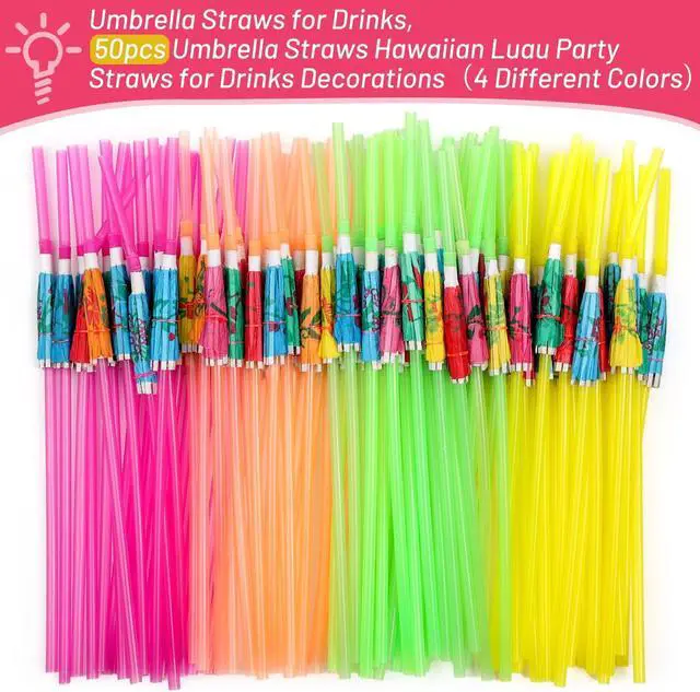 Alt view image 3 of 7 - Paxcoo 50pc Umbrella Straws for Cocktails, Tropical Hawaiian Luau Party Decorations (Assorted Colors)