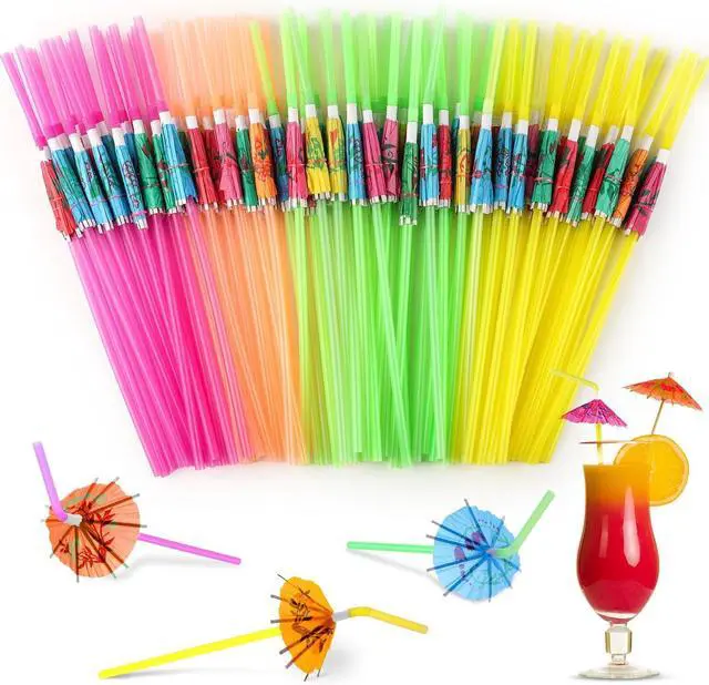Main image of Paxcoo 50pc Umbrella Straws for Cocktails, Tropical Hawaiian Luau Party Decorations (Assorted Colors)