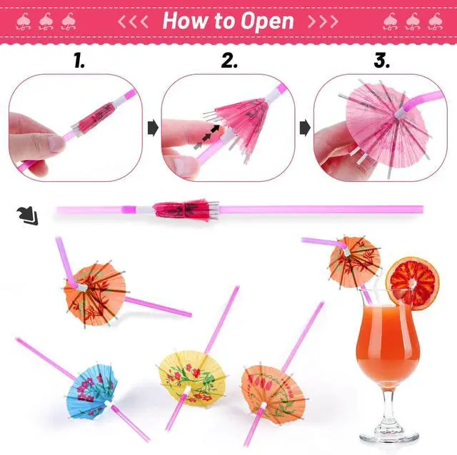 Alt view image 5 of 7 - Paxcoo 50pc Umbrella Straws for Cocktails, Tropical Hawaiian Luau Party Decorations (Assorted Colors)