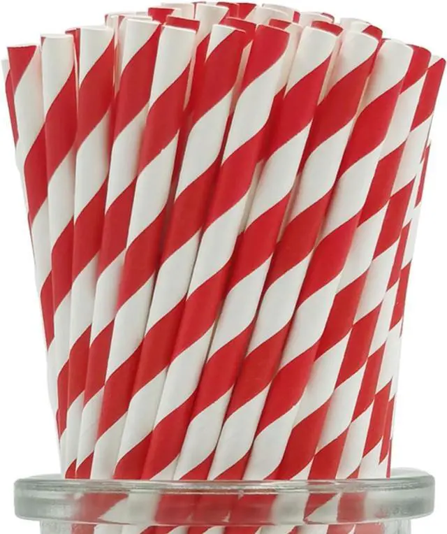Main image of Biodegradable Red Striped Straws Bulk 100, Disposable Red and White Coca Cola Party Paper Straws for Cocktail, Milkshake, Coffee, Lemonade
