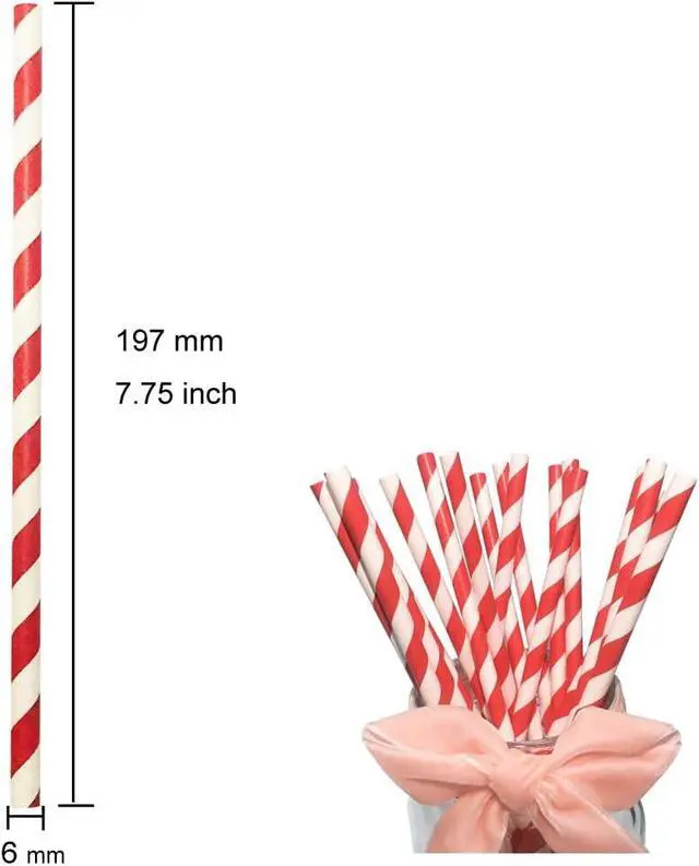 Alt view image 2 of 7 - Biodegradable Red Striped Straws Bulk 100, Disposable Red and White Coca Cola Party Paper Straws for Cocktail, Milkshake, Coffee, Lemonade