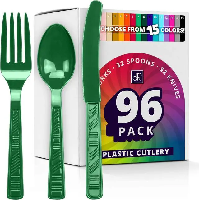 Main image of DecorRack Plastic Cutlery Set, Green Colored Plastic Silverware Sets for Parties, 96 Piece Bulk Heavy Duty Utensils (Green, 96 Pieces)
