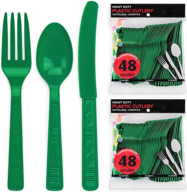 Alt view image 2 of 6 - DecorRack Plastic Cutlery Set, Green Colored Plastic Silverware Sets for Parties, 96 Piece Bulk Heavy Duty Utensils (Green, 96 Pieces)