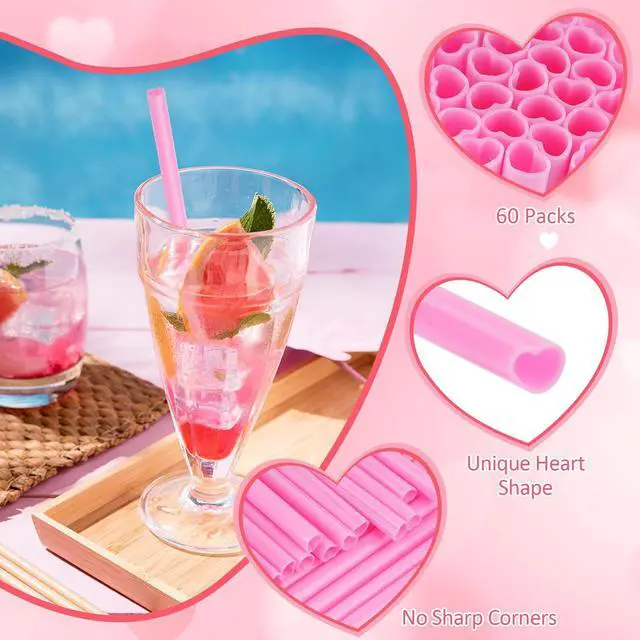 Alt view image 3 of 7 - 60 PCS Heart Straws, Pink Straws, Heart Shaped Straws
