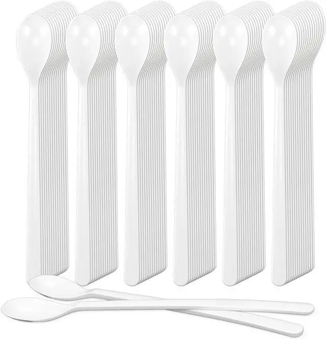 Main image of Long Handle Plastic Spoons, 100 Count Heavy Duty Disposable Sundae Spoons for Ice Cream Floats, Milkshakes, BPA-Free Bulk Utensils (White)