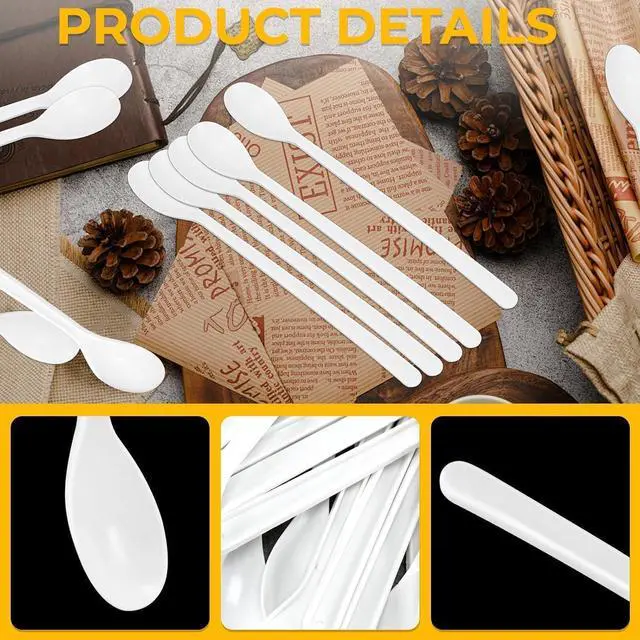 Alt view image 3 of 7 - Long Handle Plastic Spoons, 100 Count Heavy Duty Disposable Sundae Spoons for Ice Cream Floats, Milkshakes, BPA-Free Bulk Utensils (White)