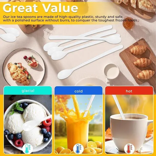 Alt view image 4 of 7 - Long Handle Plastic Spoons, 100 Count Heavy Duty Disposable Sundae Spoons for Ice Cream Floats, Milkshakes, BPA-Free Bulk Utensils (White)