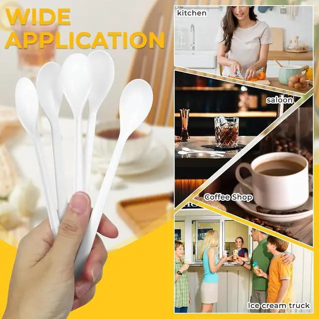 Alt view image 6 of 7 - Long Handle Plastic Spoons, 100 Count Heavy Duty Disposable Sundae Spoons for Ice Cream Floats, Milkshakes, BPA-Free Bulk Utensils (White)