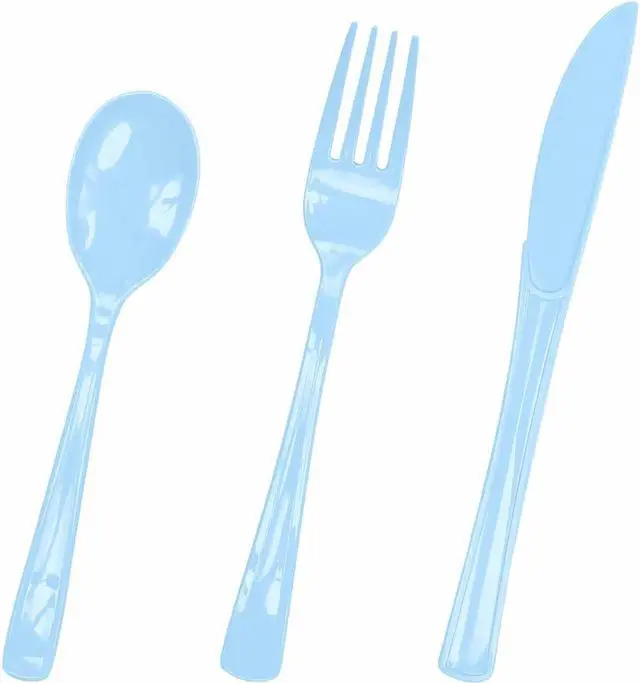 Main image of HEIPINIUYE 75 Pack Light Blue Plastic Cutlery Heavy Duty Baby Blue Plastic Knives Forks and Spoons Disposable Silverware Set for 25 Guest Camping Birthday Baby Shower Party Cutlery Set