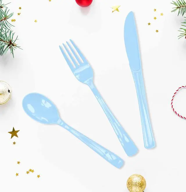 Alt view image 2 of 7 - HEIPINIUYE 75 Pack Light Blue Plastic Cutlery Heavy Duty Baby Blue Plastic Knives Forks and Spoons Disposable Silverware Set for 25 Guest Camping Birthday Baby Shower Party Cutlery Set