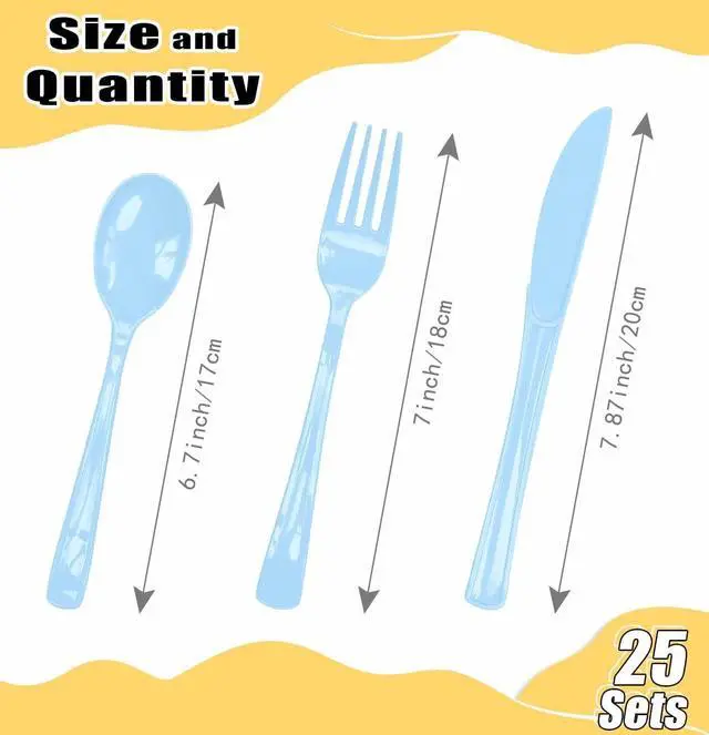 Alt view image 3 of 7 - HEIPINIUYE 75 Pack Light Blue Plastic Cutlery Heavy Duty Baby Blue Plastic Knives Forks and Spoons Disposable Silverware Set for 25 Guest Camping Birthday Baby Shower Party Cutlery Set
