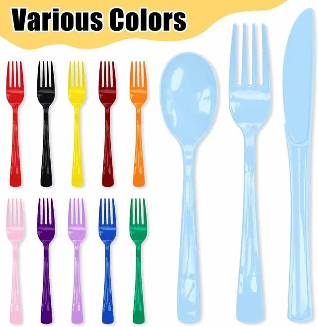 Alt view image 4 of 7 - HEIPINIUYE 75 Pack Light Blue Plastic Cutlery Heavy Duty Baby Blue Plastic Knives Forks and Spoons Disposable Silverware Set for 25 Guest Camping Birthday Baby Shower Party Cutlery Set
