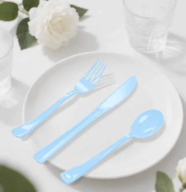 Alt view image 7 of 7 - HEIPINIUYE 75 Pack Light Blue Plastic Cutlery Heavy Duty Baby Blue Plastic Knives Forks and Spoons Disposable Silverware Set for 25 Guest Camping Birthday Baby Shower Party Cutlery Set