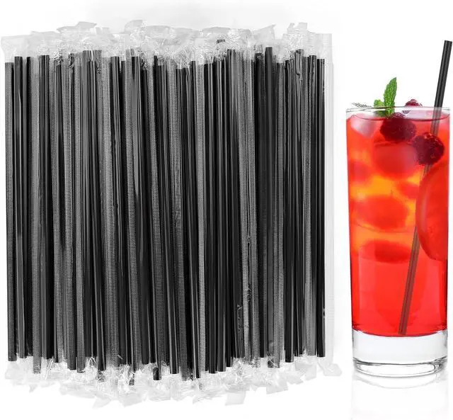 Main image of 100Pcs Disposable Plastic Straws - Individually Wrapped Black Straws
