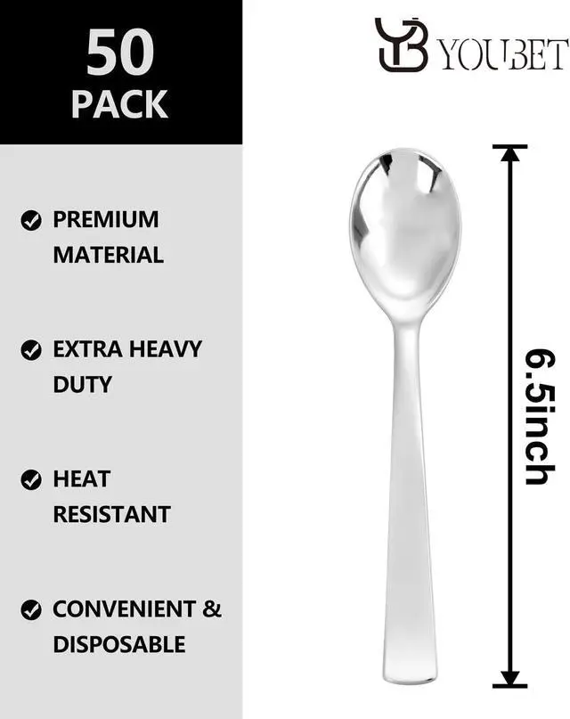 Alt view image 2 of 7 - YOUBET 50PCS Silver Plastic Spoons for Party Dinners Wedding