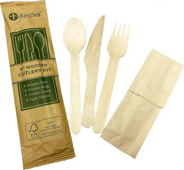 Main image of 25 Count | KingSeal FSC Certified Disposable Wood Cutlery Kits, Bulk Pack, Sustainably Sourced - Spoon, Fork, Knife with Bleach-Free Napkin - 1 Bag of 25 Sets