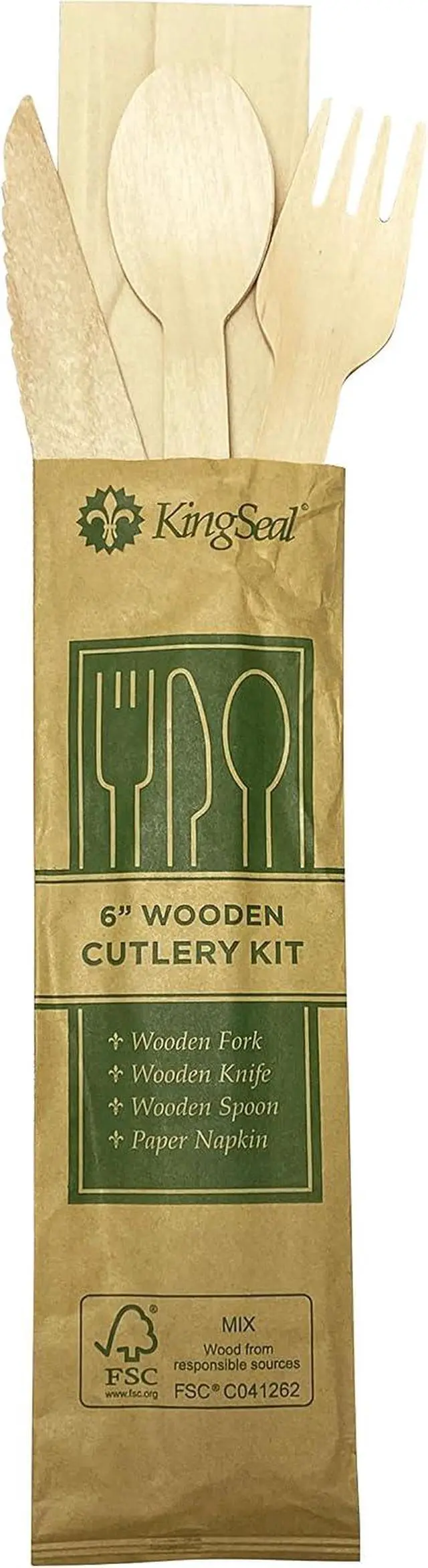 Alt view image 5 of 7 - 25 Count | KingSeal FSC Certified Disposable Wood Cutlery Kits, Bulk Pack, Sustainably Sourced - Spoon, Fork, Knife with Bleach-Free Napkin - 1 Bag of 25 Sets