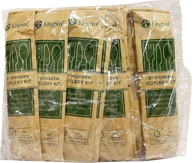 Alt view image 3 of 7 - 25 Count | KingSeal FSC Certified Disposable Wood Cutlery Kits, Bulk Pack, Sustainably Sourced - Spoon, Fork, Knife with Bleach-Free Napkin - 1 Bag of 25 Sets