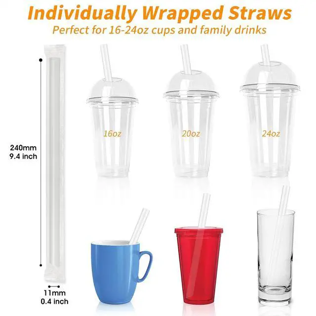 Alt view image 2 of 7 - 100 Pcs Clear Boba Straws Smoothie Straws,Individually Wrapped Disposable Plastic Jumbo Large Wide-mouthed Milkshake Drinking Straws(0.43" Diameter and 9.45" long)