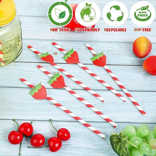 Alt view image 2 of 7 - Strawberry Straws, 30 Pack Disposable Drinking Straws Cute Paper Straws with Stripes for Juice, Cocktail, Milkshake, Baby Shower Strawberry Birthday Decorations Strawberry Party Favors - 7.76 Inches
