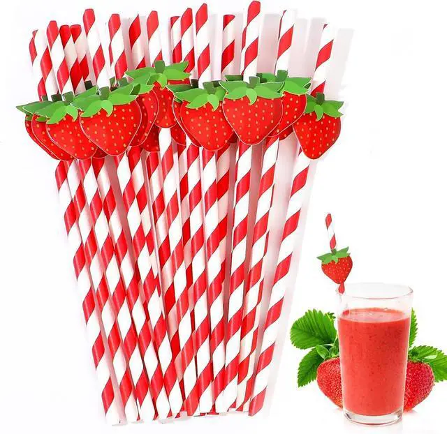 Main image of Strawberry Straws, 30 Pack Disposable Drinking Straws Cute Paper Straws with Stripes for Juice, Cocktail, Milkshake, Baby Shower Strawberry Birthday Decorations Strawberry Party Favors - 7.76 Inches