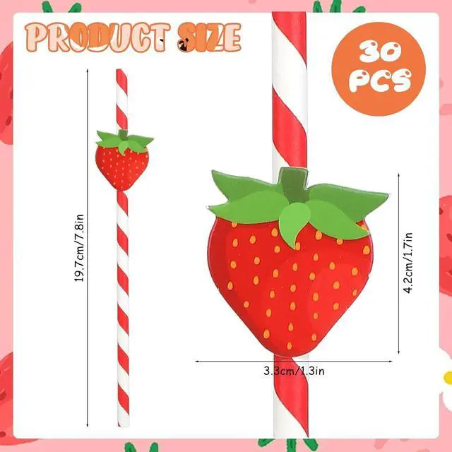 Alt view image 3 of 7 - Strawberry Straws, 30 Pack Disposable Drinking Straws Cute Paper Straws with Stripes for Juice, Cocktail, Milkshake, Baby Shower Strawberry Birthday Decorations Strawberry Party Favors - 7.76 Inches
