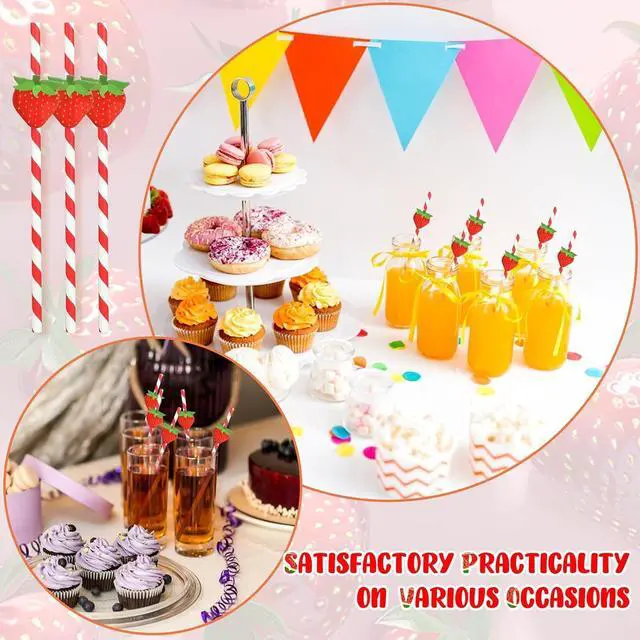 Alt view image 6 of 7 - Strawberry Straws, 30 Pack Disposable Drinking Straws Cute Paper Straws with Stripes for Juice, Cocktail, Milkshake, Baby Shower Strawberry Birthday Decorations Strawberry Party Favors - 7.76 Inches