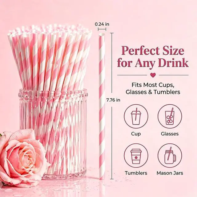 Alt view image 2 of 7 - Haundry 100 Count Pink Striped Paper Straws, Biodegradable Disposable Drinking Straws for Bridal Shower, Brithday, Cocktails, Wedding, Baby Shower Party Decoration Supplies