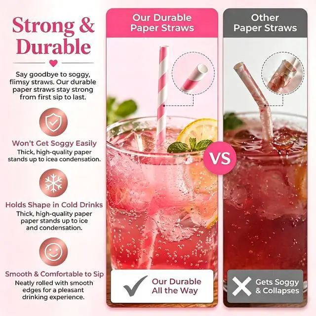 Alt view image 3 of 7 - Haundry 100 Count Pink Striped Paper Straws, Biodegradable Disposable Drinking Straws for Bridal Shower, Brithday, Cocktails, Wedding, Baby Shower Party Decoration Supplies