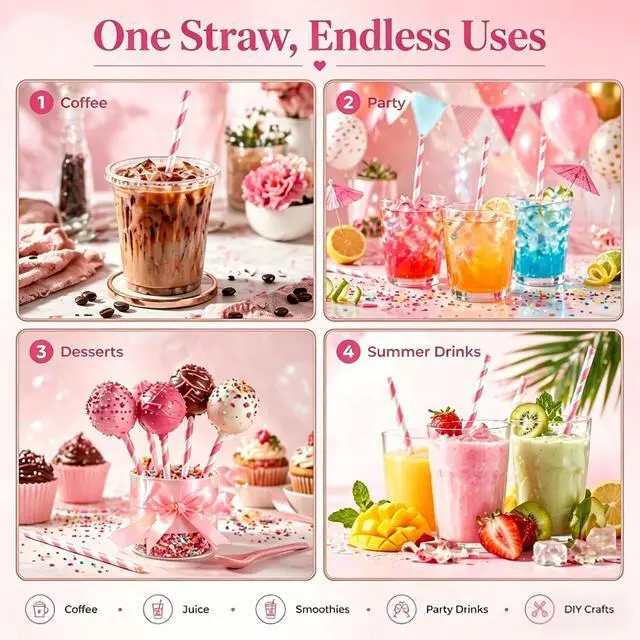 Alt view image 4 of 7 - Haundry 100 Count Pink Striped Paper Straws, Biodegradable Disposable Drinking Straws for Bridal Shower, Brithday, Cocktails, Wedding, Baby Shower Party Decoration Supplies