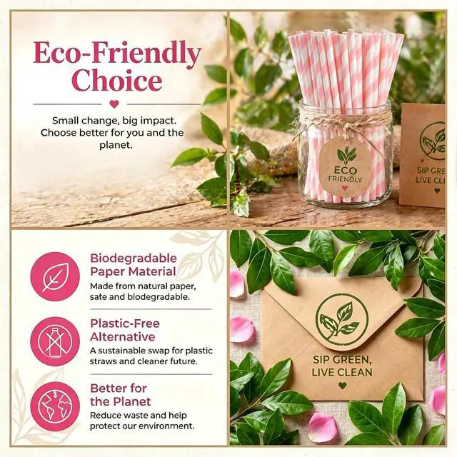 Alt view image 5 of 7 - Haundry 100 Count Pink Striped Paper Straws, Biodegradable Disposable Drinking Straws for Bridal Shower, Brithday, Cocktails, Wedding, Baby Shower Party Decoration Supplies