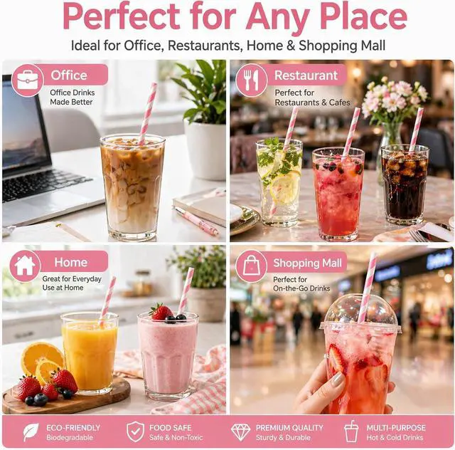Alt view image 7 of 7 - Haundry 100 Count Pink Striped Paper Straws, Biodegradable Disposable Drinking Straws for Bridal Shower, Brithday, Cocktails, Wedding, Baby Shower Party Decoration Supplies